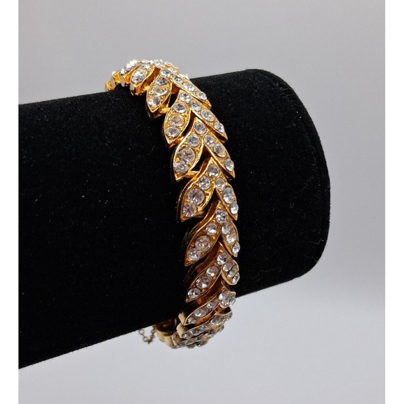 Vintage Rhinestone Leaf Bracelet Gold Tone Chevron Link Safety Chain Mid Century - Picture 4 of 11
